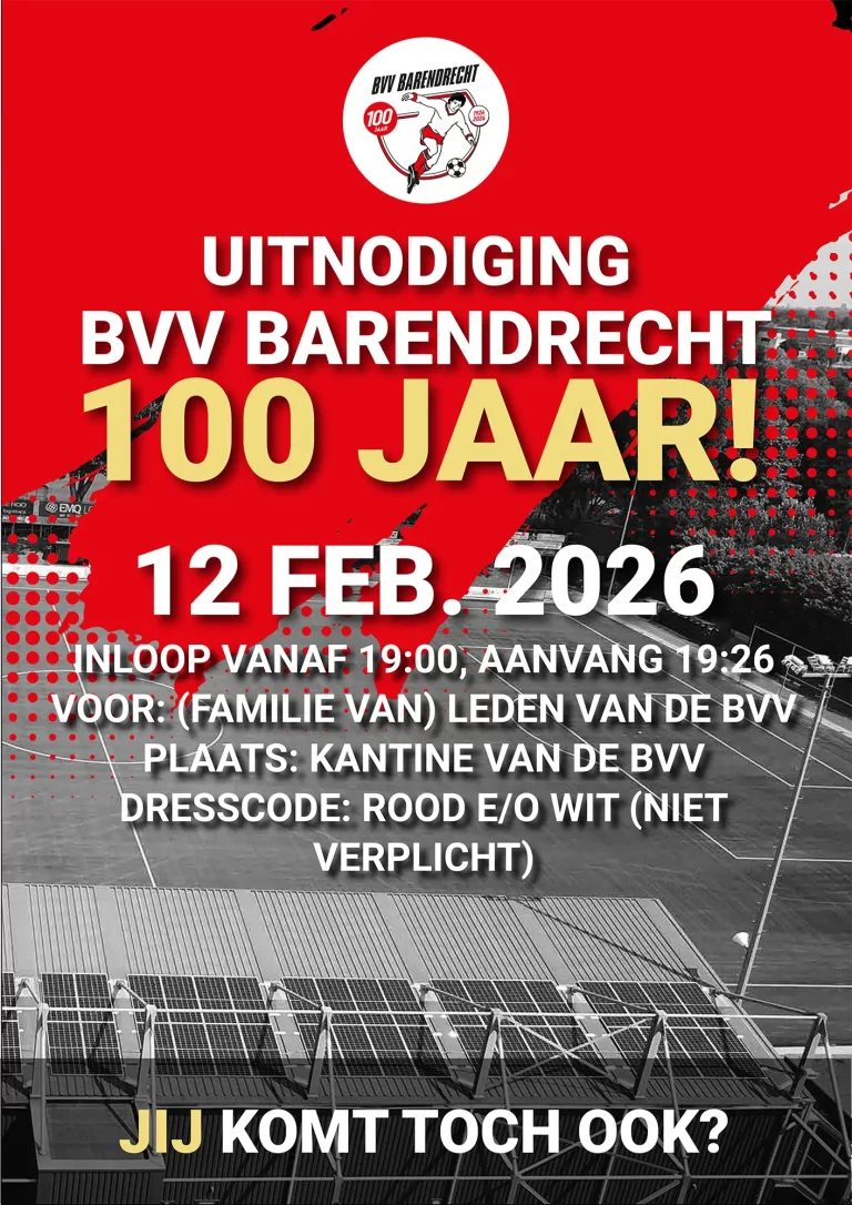 BVV BARENDRECHT 100 JAAR: JUBILEUMVIERING OP DONDERDAG 12 FEBRUARI